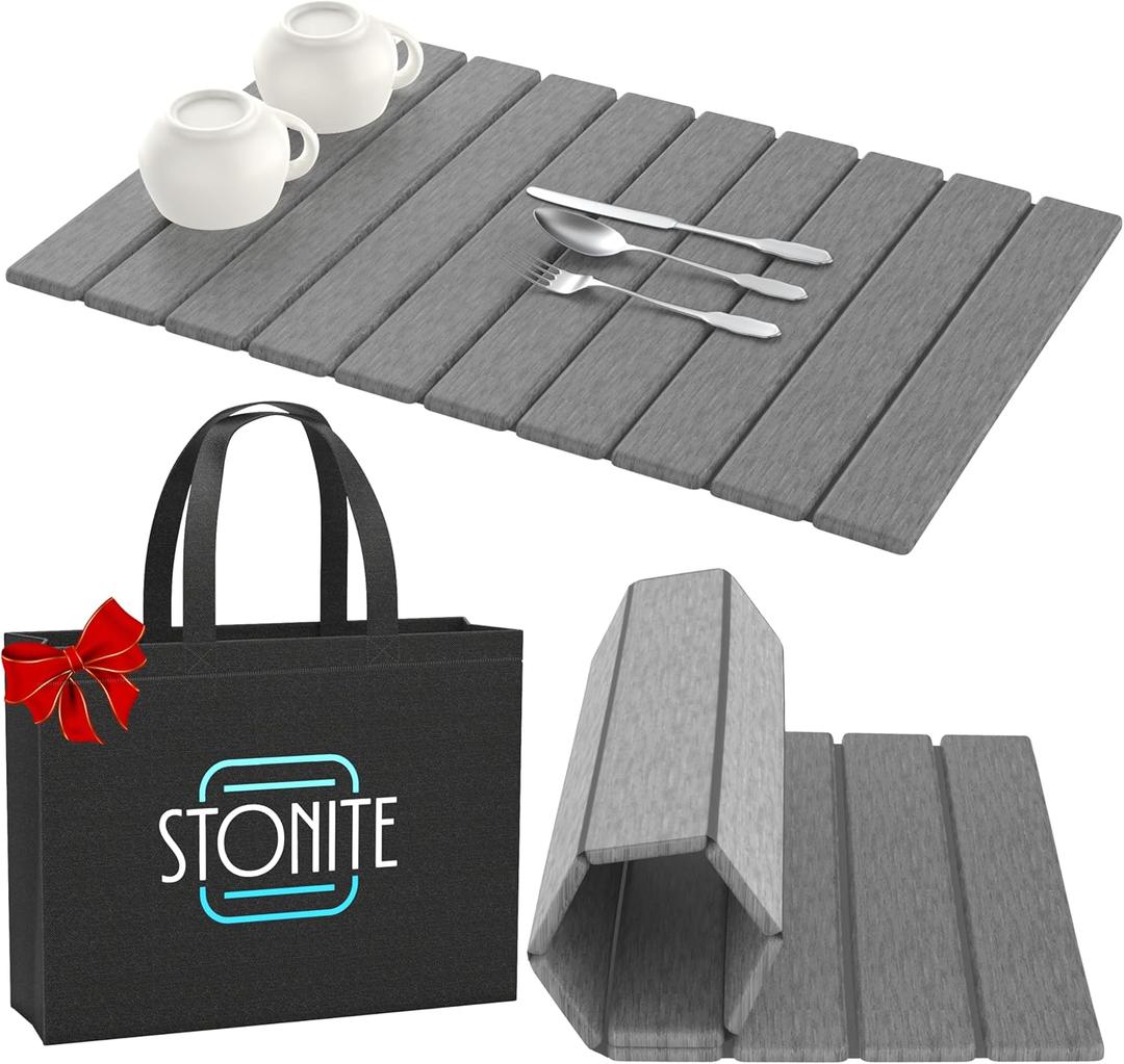Stone Drying Mat for Kitchen Counter W/ Tote Bag, Large Stone Dish Drying Mat Foldable, Absorbent Diatomaceous Quick Dry Stone Mat Kitchen Dishes Bottles Cups Bathroom Any Countertop 23" x 15.3" (Dark Gray)