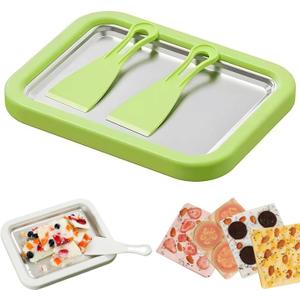 Rolled Ice Cream Maker Kit for Home, DIY Ice Cream Roll Pan with Scrapers, No Machine Required, Fun Ice Cream Maker for Kids, Family, Parties and Summer Desserts (Green, M-8.85x6.88 inch)