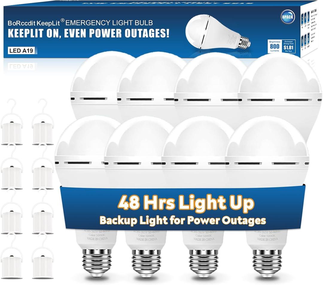 BoRccdit KeepLit 8 Pack Emergency Rechargeable Light Bulbs, 48H Long Lasting & 3 Brightness Power Outage Lights,12W 5000K Battery Backup Emergency Light Bulbs for Home Power Failure Hurricane