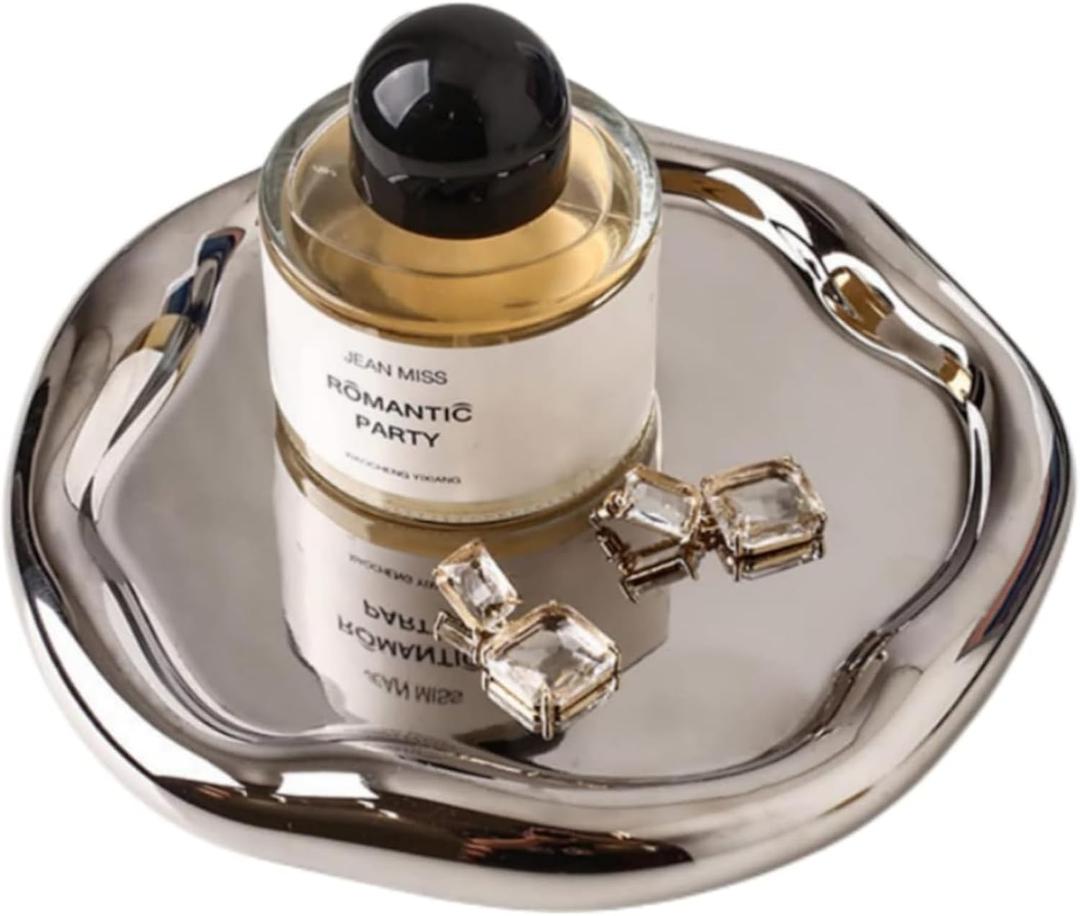 Silver Tray Decorative Vanity Tray Bathroom Tray Jewelry Dish Ceramic Silver Round Plate Holder Makeup Tray Home Organizers Irregular Storage Plate Bathroom Organizer (Round) (7.5")