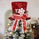 Prsildan Christmas Tree Topper Hat, Large Red Sequins Top Hat with Bow Ribbon and Snowflake, Christmas Decorations for Xmas Tree Snowman, Desktop Ornaments Holiday Home Decor