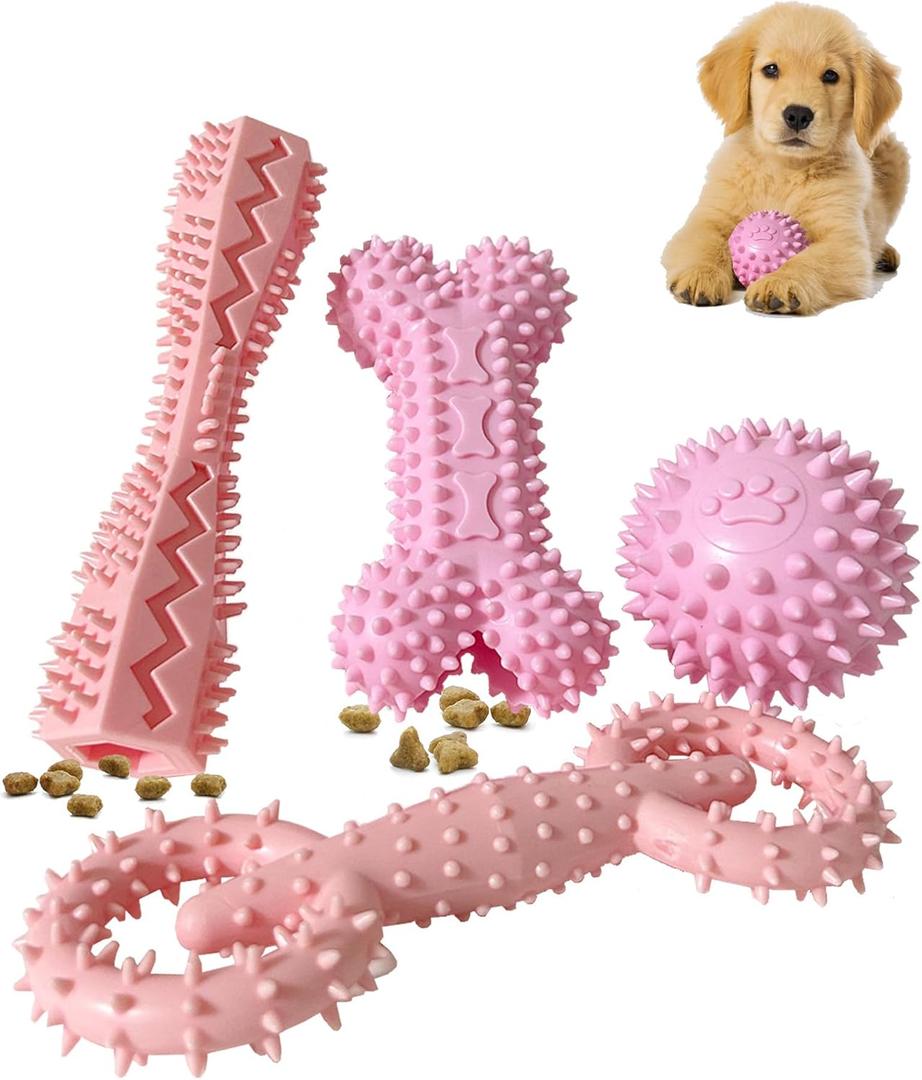 4 Pack Puppy Teething Toys Dog Durable Chew Toys Soft Rubber Toy Dog Teeth Cleaning Toothbrush Toy Cute Interactive Toys for Puppies Small Breed (Pink)