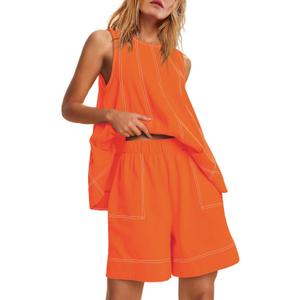 Nirovien Womens Short Sets 2 Piece Vacation Outfits Sleeveless Tank Top and Shorts Matching Set with Pockets (Large, Orange)