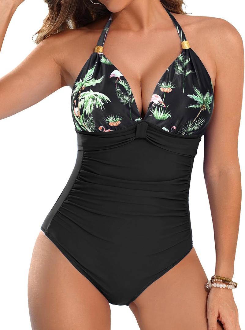 Aqua Eve Tummy Control Swimsuits for Women One Piece Bathing Suit Push Up Slimming Swimwear Black Floral 01 L