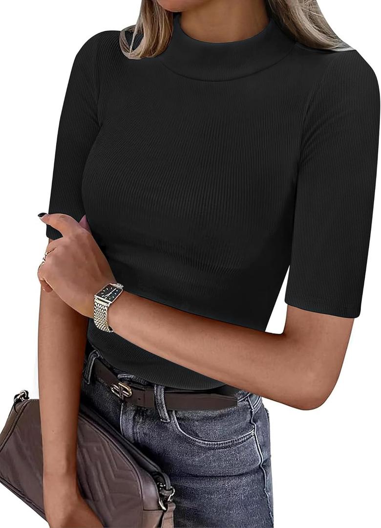 ANRABESS Womens Tops Mock Neck Half Sleeve Shirts Ribbed Knit Slim Fit Basic Tee 2026 Summer Fall Dressy Casual T-Shirts (M)