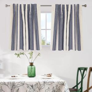 DriftAway Chris Linen Blackout Curtains with Thermal and Sound Reducing Layer 36 Inches Long for Bedroom Striped Printed Drapes Thermal Insulated Lined Window Treatment for Living Room Linen Dark Blue (52"W x 36"L (Pack of 2))