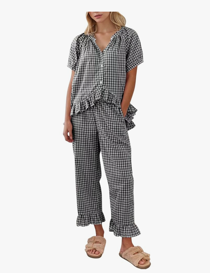 COZYPOIN Womens Gingham Pajama Set 2 Piece Plaid Cotton Pjs Cute Ruffle Sleepwear Maternity Bridesmaid Pajamas Loungewear Medium, Black 