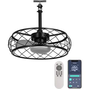 Ceiling Fan with Light for Patios,Outdoor Indoor 20"Hanging Fan Lights with Plug in Cord,Remote and APP Control,Black Light with Fans,Dimmable Ceiling Lights for Gazebo Pergola,Vintage Caged Enclosed