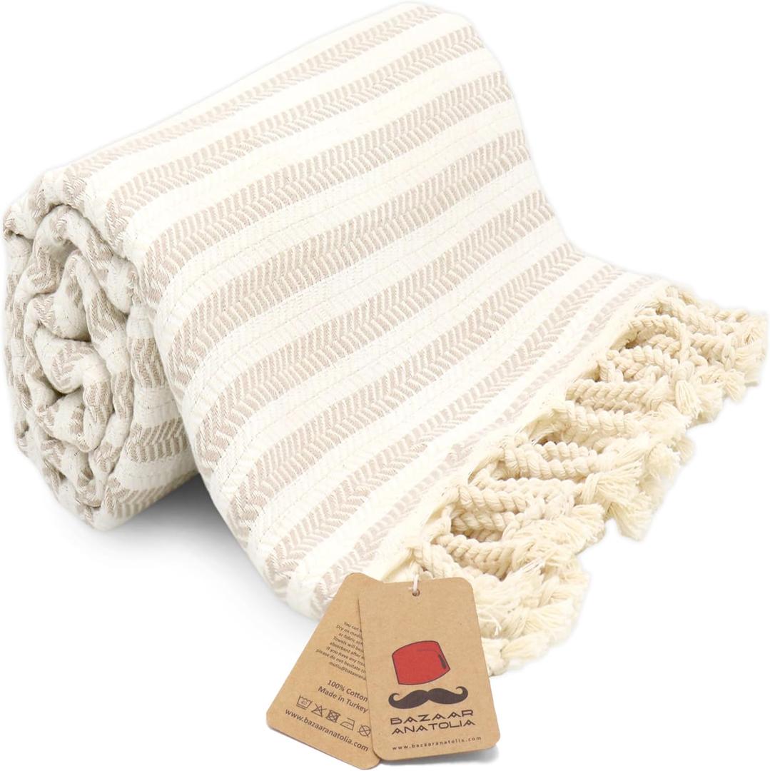 Bazaar Anatolia Turkish Bath Towel 100% Cotton, Quick Dry Boho Farmhouse Decor, Autumn Throw Blanket for Bathroom Oversized 71x39 Inches Arpa Beige