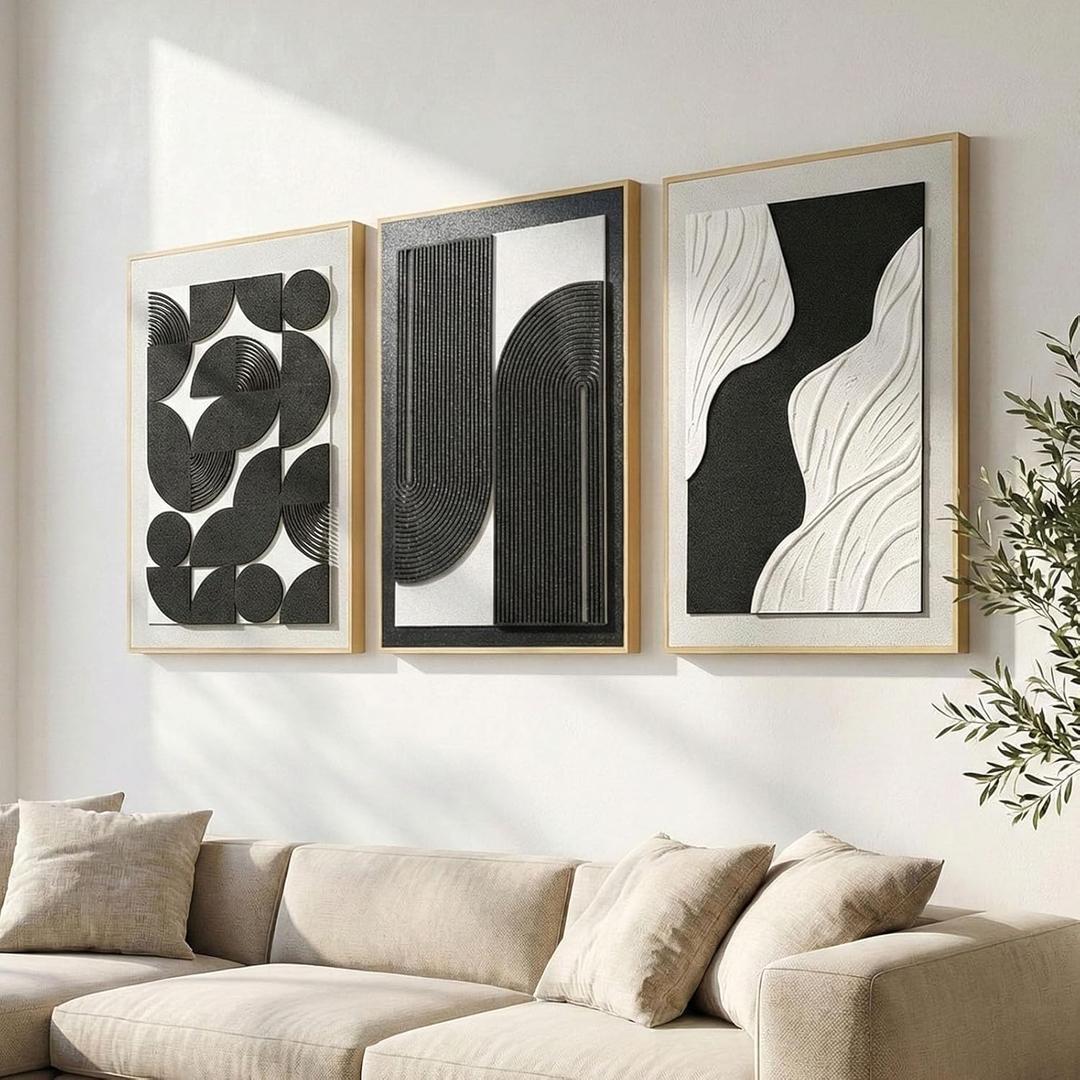Large 3D Textured Framed Wall Art for Living Room, Set of 3 Black and White Boho Relief Sculptures, Modern Minimalist Arch & Wave Plaster Pictures for Large Entryway Foyer Decor, 24x36 Inch