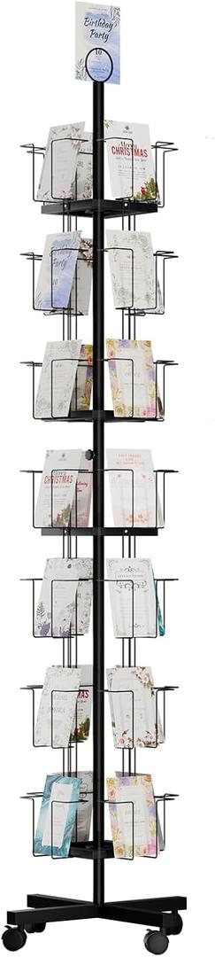 TONGMO 7-Tier Greeting Card Display Rack: 28-Pocket Rotating Countertop Stand for Postcards, Brochures, and Greeting Cards (White, 68.9H)