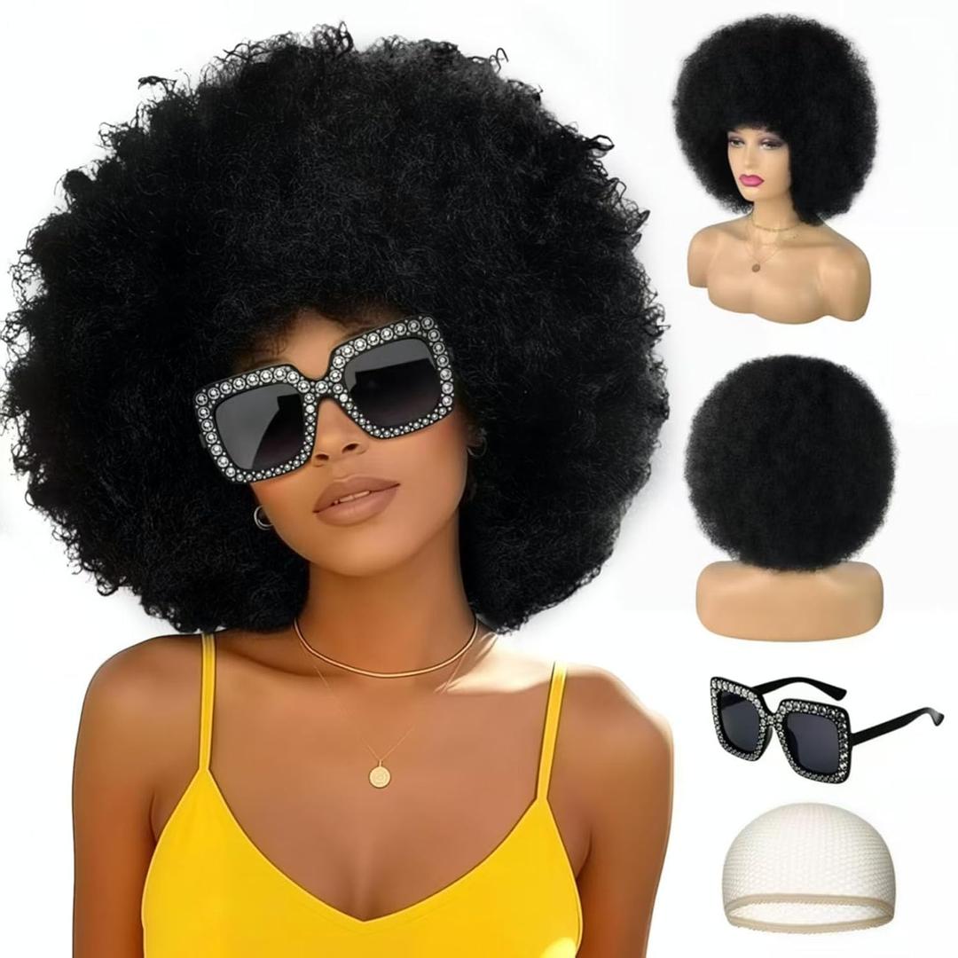 Colored Afro Wigs for Women Men 70s and Disco Sunglasses Set, Funny Wig with Curly Bouncy Huge Fluffy Puff and Oversize Retro Rhinestone Sunglasses - for Costume Cosplay Party (Black)