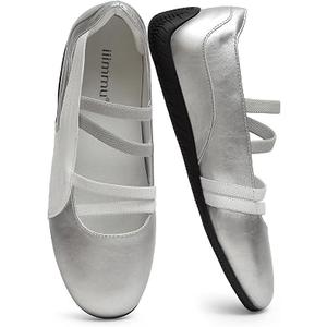 iiimmu Women's Ballet Flats with Elastic Cross Straps Comfortable Slip On Flats Lightweight Casual Walking Shoes for Work Travel Faux Leather (7.5, Silver White)