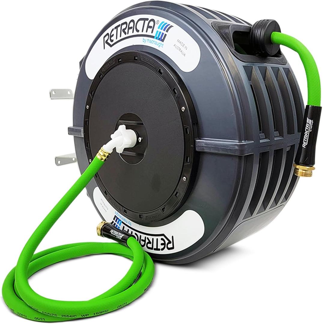 Macnaught Retractable Garden Hose Reel, 82 Ft Water Hose Reel Heavy Duty Retractable Hose with Metal 180 Swivel Rotation Bracket for Wall Mount - Gray