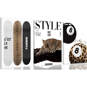 3Pcs Trendy Leopard Canvas Wall Art Preppy Aesthetic Stylish Leopard Painting Picture Wall Decor Funky Lucky 8 Ball Cheetah Poster Print Artwork for Bedroom Living Room Bathroom Home Decoration