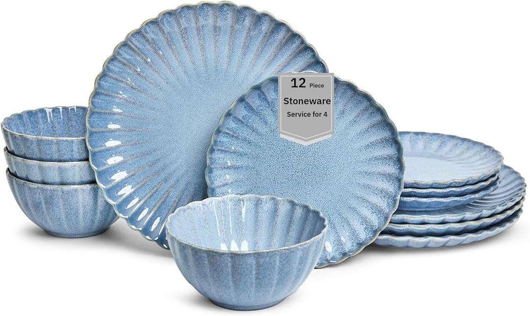 Sango 12 Pieces Stoneware Dinnerware Set, Modern Reactive Blue Dishes for 4, Premium Serving Plates and Bowls Sets, Chip Resistant Plate, Ceramic Dishware, Kitchen Dish Set, Scallop Dining Ware, Frill