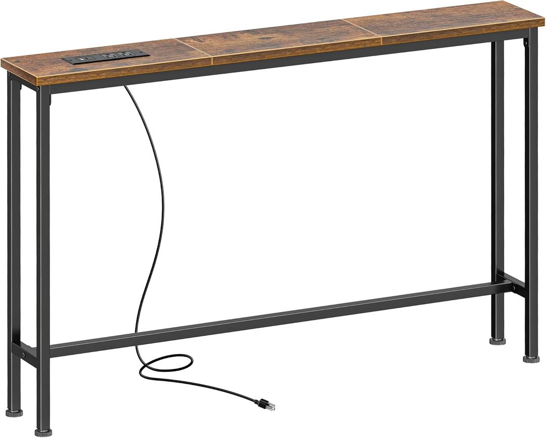 SUPERJARE 5.7 Inch Console Table with Outlet, Sofa Table, Behind Couch Table, 5.7 x 39.4 x 29.7 Inches, Metal Frame, for Living Room, Hallway, Rustic Brown