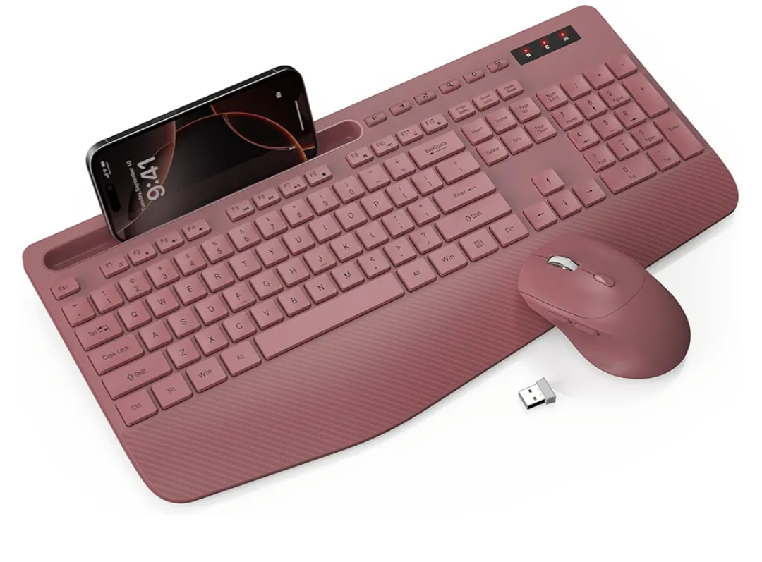 Wireless Keyboard and Mouse Combo - Full-Sized Ergonomic Keyboard with Wrist Rest, Phone Holder, Sleep Mode, Silent 2.4GHz Cordless Keyboard Mouse Combo for Computer, Laptop, PC, Mac, Windows -Trueque