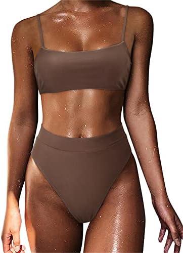 MOSHENGQI Women High Wasited Bikini Shoulder Strap 2 Piece High Cut String Swimsuits Medium