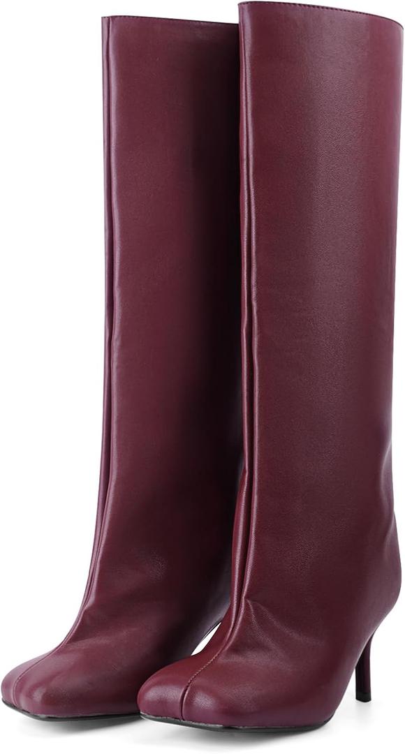 Women's Knee High Suede Boots for Women Wide Calf Square Toe Stiletto Heels Tall Boots Pull On High Heel Long Booties (8.5)