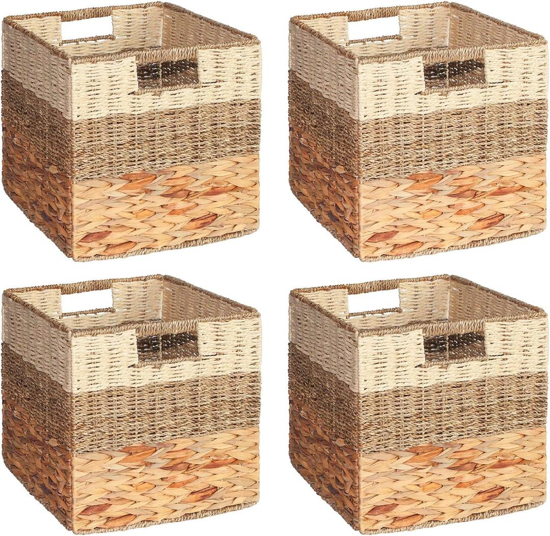4 Pack 3 Pattern Design Wicker Basket, Baskets for Organizing, Storage Rattan Basket with Handles for Shelves, Woven Cube Storage Bin Organizer, 10.5x10.5 inch, Natural