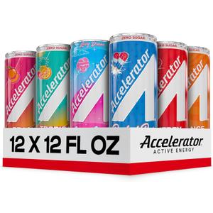 Accelerator Energy Drink, Ultimate Variety Pack 12oz can (12 pack), Zero Sugar, Sustained Energy from 100% Natural Caffeine (200mg from Green Coffee Bean & Green Tea extract) (EXP 06/01/26)