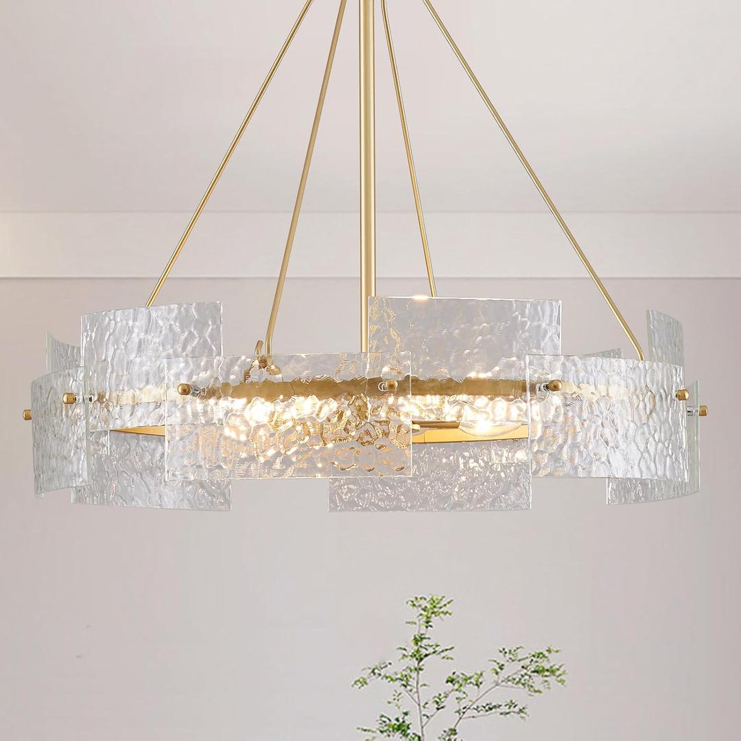 XINGQI Large 8-Light Modern Gold Glass Chandelier 26" Drum Light Fixture Round Water Ripple Pendant Lighting for Dining Room Living Room Kitchen Island Office