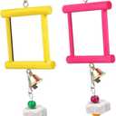 2Pcs Chicken Mirror Toys with Bell,Cage Accessories Wooden Pecking Toy Beak Grinding Stones for Parrots Finches Birds, Red Yellow