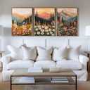3 Pcs Boho Daisy Mountain Canvas Wall Art Abstract Flower Wildflower Sunset Paintings Pictures Wall Decor Colorful Floral Botanical Landscape Poster Print Artwork for Living Room Bedroom Unframed
