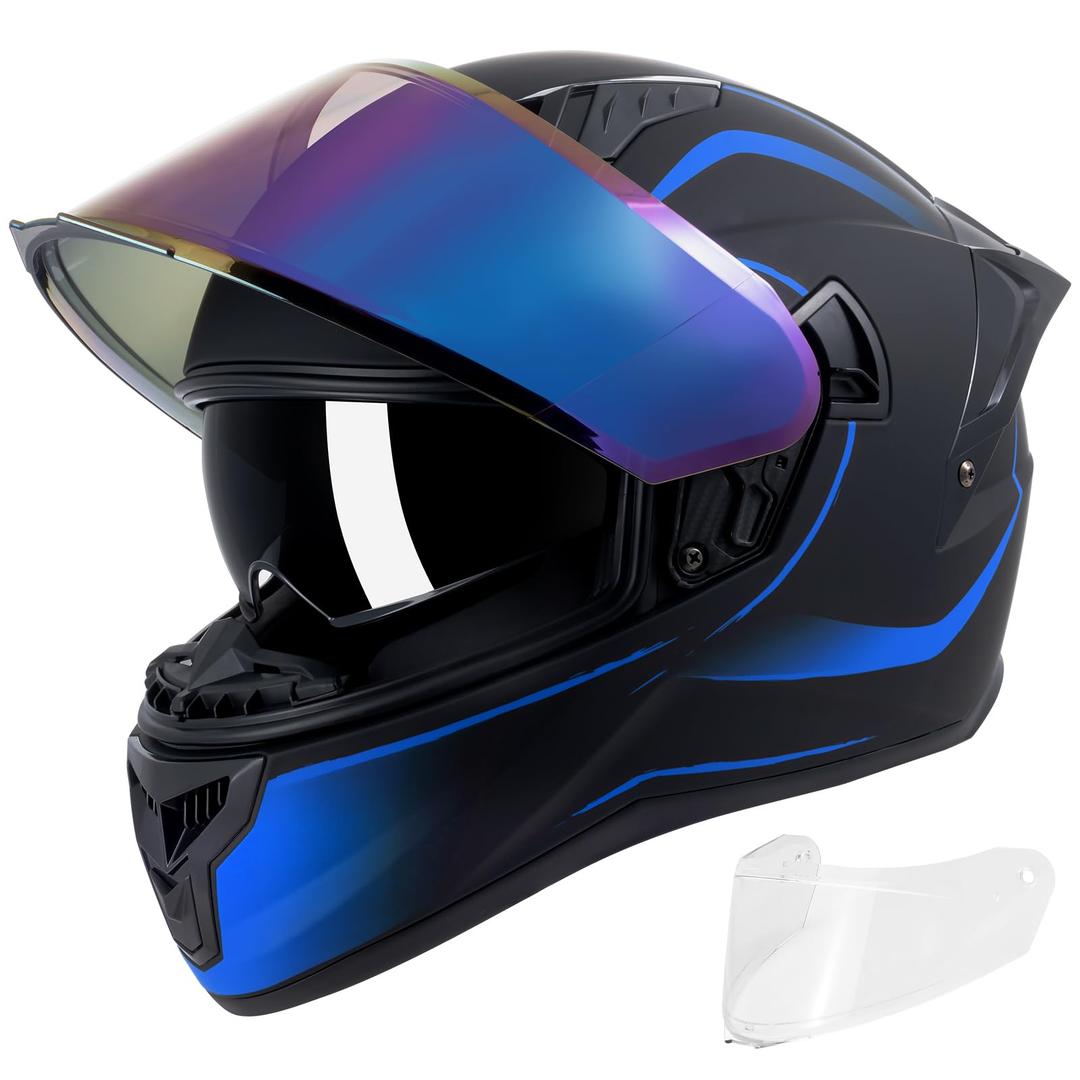 Full Face Motorcycle Helmets for Men Women, DOT, Matte Black Blue, M