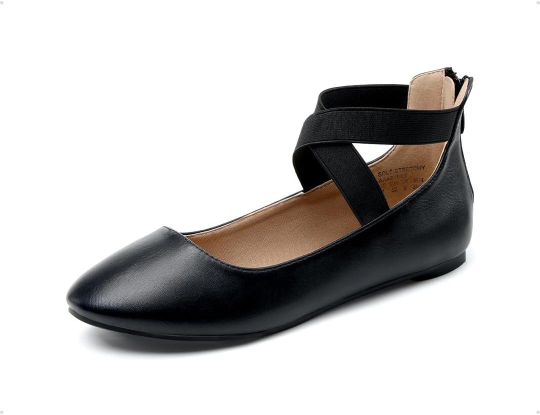 DREAM PAIRS Women's Comfortable Fashion Elastic Ankle Straps Flats Shoes (12, Black/Pu)