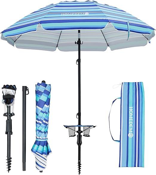 HOMEDEMO 7ft Beach Umbrellas For Sand Heavy Duty Wind, Portable Beach Umbrella UPF 50+ Windproof Outdoor Beach Umbrella with Sand Anchor, Tilt Pole, Carry Bag, Table Tray, Vent and Hook (Blue white)