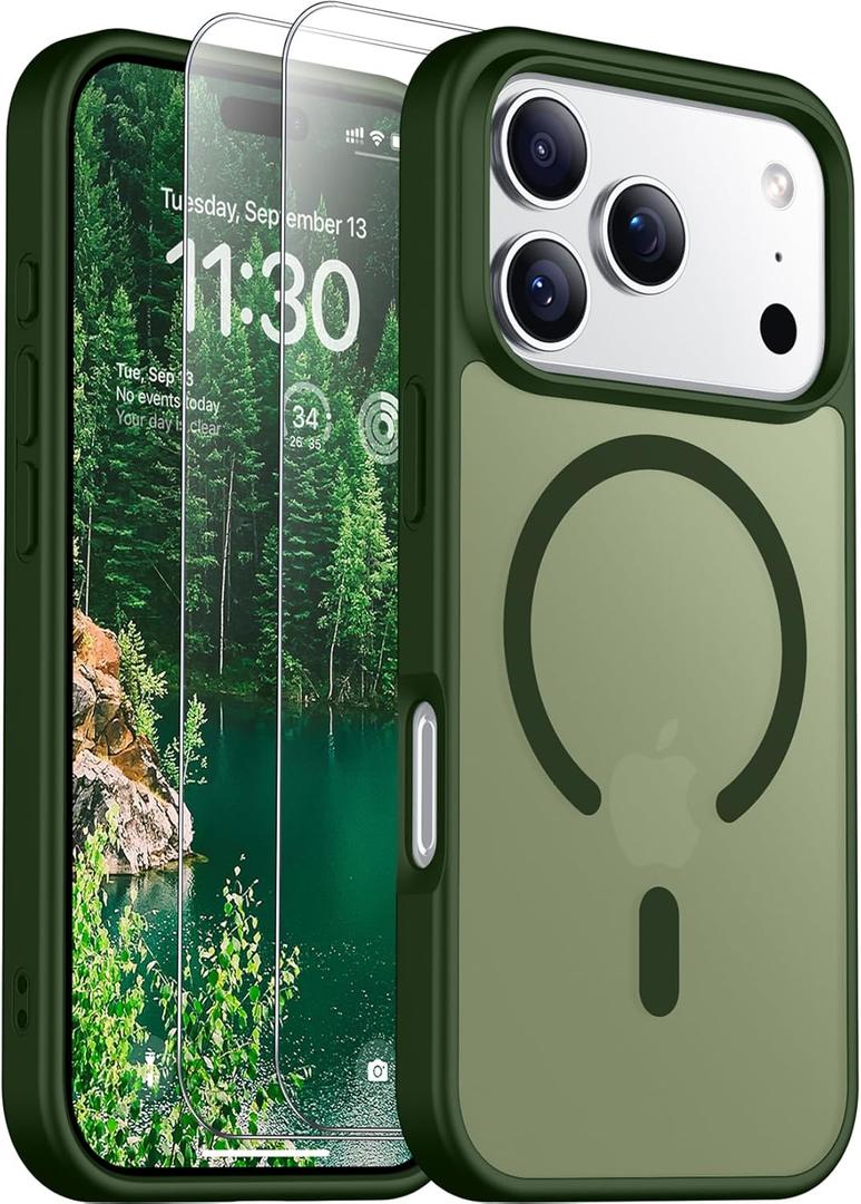 SPIDERCASE for iPhone 17 Pro Max Case, Magnetic Translucent Matte Case with 2PCS Tempered Glass Screen Protector Slim Phone Case for iPhone 17 Pro Max 6.9'', Green