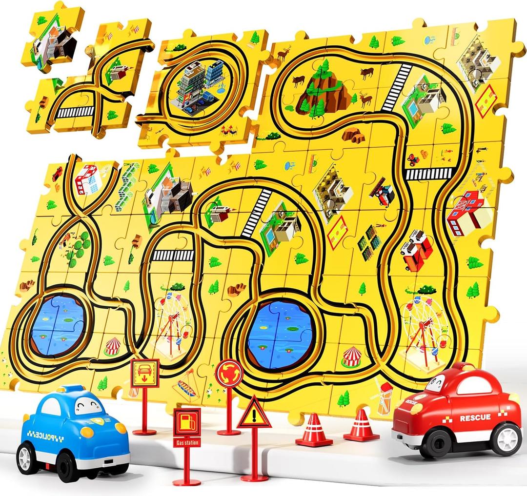 Bennol 56 PCS Puzzle Race Car Track Set Toys for Kids, Floor Puzzle Tracks Car Gifts for 3 4 5 Year Old Boys Kids, Toys Gifts for 3 4 5 Year Old Boys, Puzzle Racer Set for Ages 3-5 4-6
