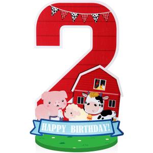 Farm Animal Birthday Party Number Centerpiece 10 Inch Wood Farm Barnyard Party Number Sign Sheep Cow Pig Birthday Barn Sign for Boy and Girl Party Decor(Number 2)