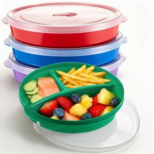 Hushee 4 Pcs Microwave Food Storage Tray Containers with Ventilation Lids 3 Compartment Divided Plates Portion Plate Fits Microwave Fridge (Round,Mixed Colors,10 x 9.2 x 1.85 Inch)
