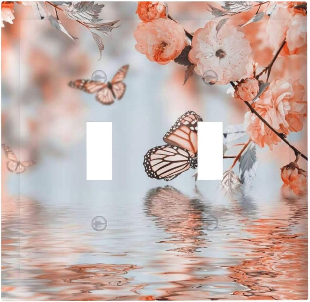 Decorative Switch Plate Covers Orange Pink Ombre Floral Butterfly Lake Water Reflection 2 Gang Wall Plate Double Toggle Light Switch Cover Plate Electric Dual Device Electrical Faceplate (2-Gang Toggle / 5 x 4.9 IN)