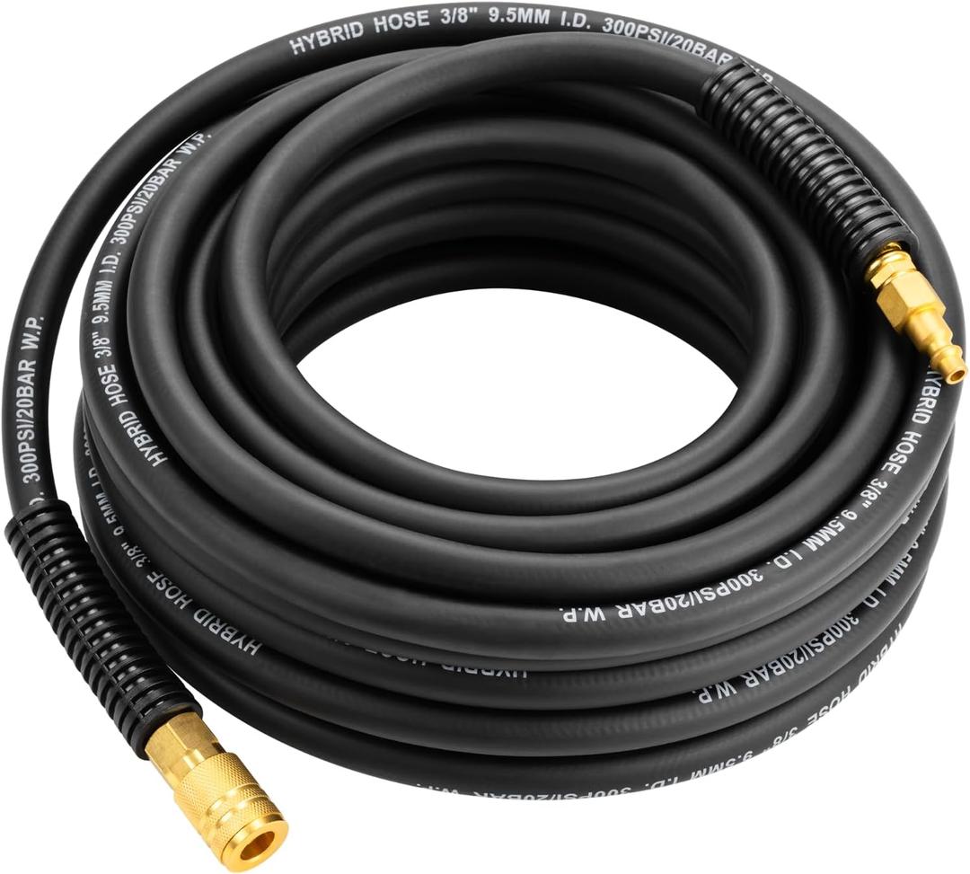 3/8" Hybrid Air Hose, 50Ft Air Compressor Hose,Heavy Duty, Lightweight, Kink Resistant, All-Weather Flexibility with 1/4-Inch Industrial Quick Coupler Fittings, Bend Restrictors, 300 PSI, Black