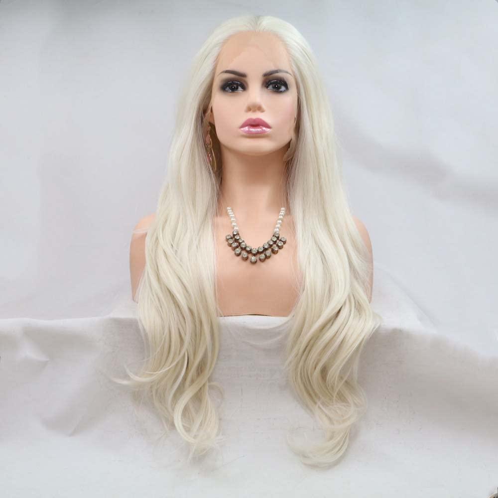 Platinum Blonde Wavy Lace Front Wig Long Natural Wave White Synthetic Lace Front Wig Silver Blonde Wig Heat Resistant Fiber Wig for Woman 24inch