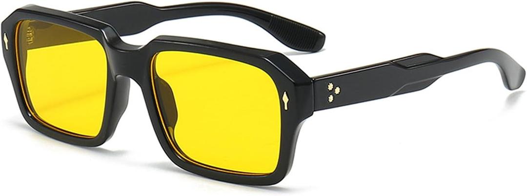 Vintage Square Sunglasses for Men Women Trendy Chunky Rectangle Frame Rivet Design Black Shades UV Protection (Black Frame/Yellow Lens F7)