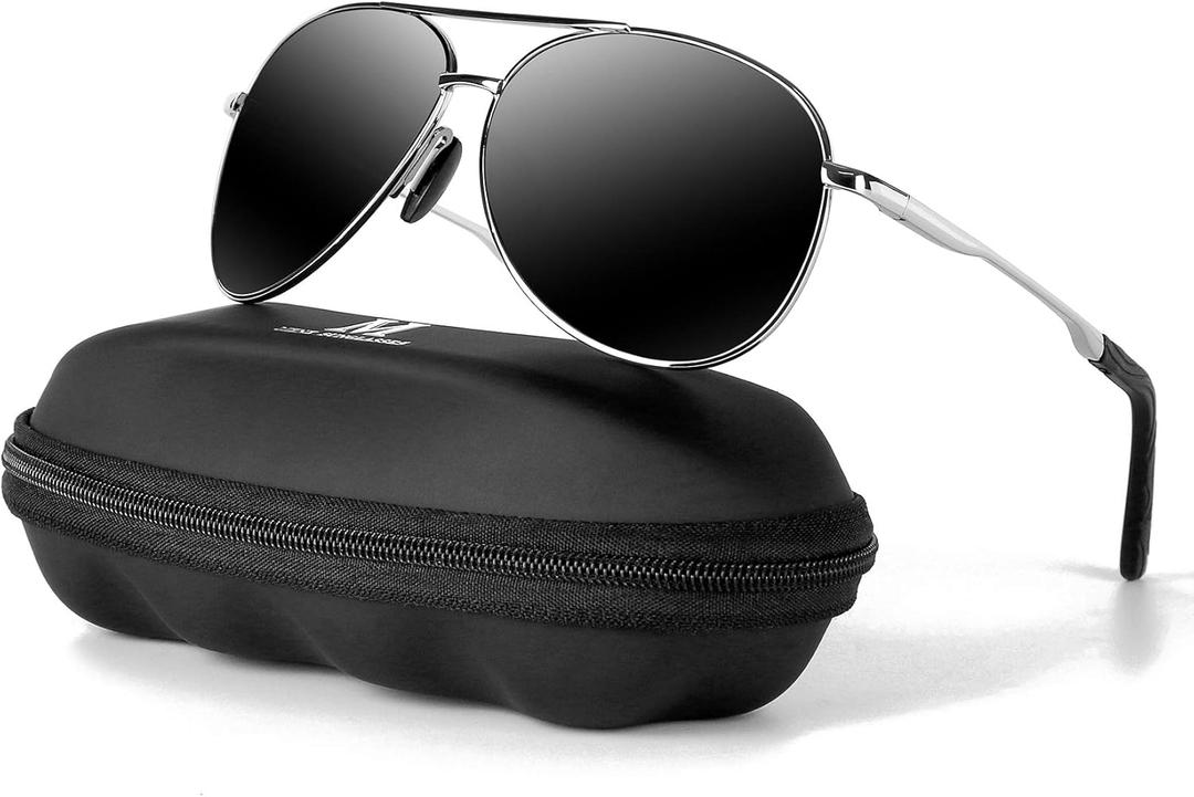 mxnx Aviator Sunglasses for Men Polarized Women UV Protection Lightweight Driving Fishing Sports Unisex glasses MX208 (Silver Frame Black Lens)