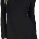 GCZREN Women Sexy Boat Neck Backless Mesh Mini Dress Solid Slim Fit Bell Long Sleeve Self Tie Back Sheer Short Dresses Small