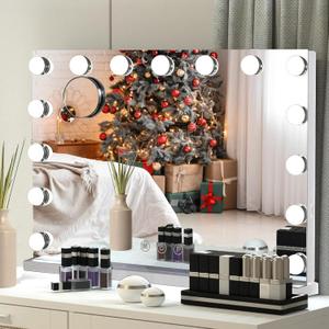 22.8"x 18.1" Vanity Mirror Makeup Mirror with Lights,10X Large Hollywood Lighted Vanity Mirror with 15 Dimmable LED Bulbs,3 Color Modes,Touch Control for Bedroom,Tabletop or Wall-Mounted