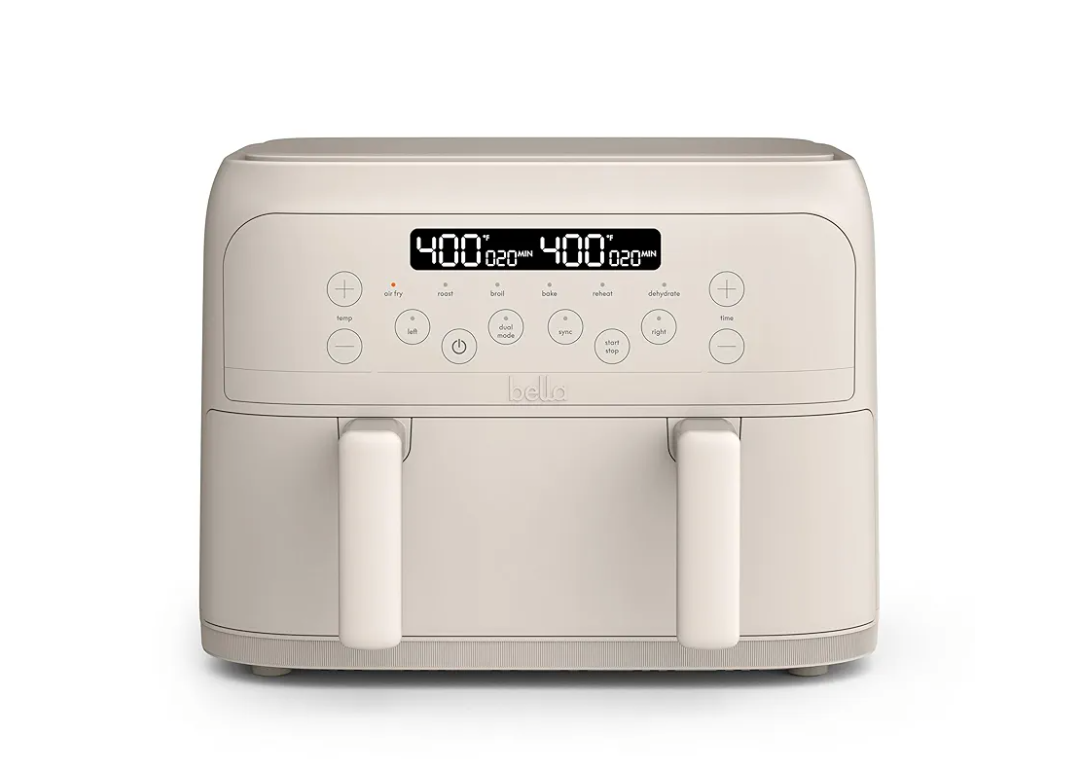 bella 4 Qt TriZone Air Fryer, EverGood™ Ceramic Nonstick Coating, Dual Basket Design w Removable Divider, Digital Touchscreen Control w 6 Preset Cooking Options, 1200 Watt, 3lb Capacity, Oatmilk
