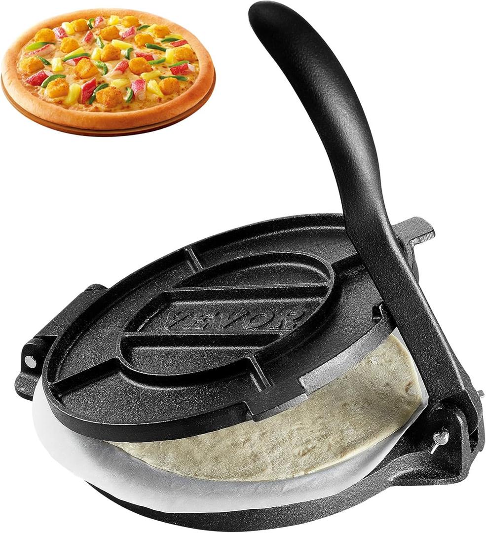 VEVOR Tortilla Press, 10 Inch Tortilla and Roti Maker, Cast Iron Heavy Duty Tortilladora Press, Pre-Seasoned Pataconera Maker with 100 Pcs Parchment Paper, Dough Maker for Flour Tortilla, Tawa, Silver (9.84 inches)