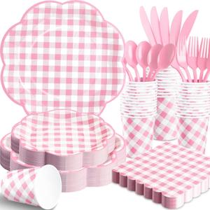 350 Pcs Pink Gingham Plates and Napkins Party Supplies - Pink and White Checkered Plates Sets Serve 50 Guests - Scalloped Gingham Paper Plate for Birthday Wedding Picnic Mother's Day Party Decorations