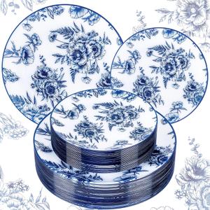 60PCS Blue Floral Plates Disposable - Blue Plastic Plates - Blue and White Plate Include 30 Dinner & 30 Dessert Plates for Bridal Birthday Wedding Spring Party Decorative Retro-Blue White Floral