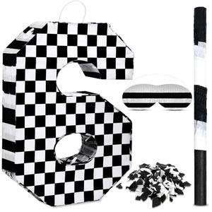 Lewtemi Race Car Number 6 Piñata Small Checkered Race Car Birthday Party Decoration Black and White Racing Piñata with Stick Confetti Eye Mask for Celebration 15.3 x 10.6 x 2.8 Inch