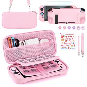 Younik Switch 2 Accessories Bundle, 15 in 1 Pink Switch 2 Accessories Kit for Girls Include Switch 2 Carrying Case, Shoulder Strap, Wrist Strap & Stickers, Protective Case for Switch Console & J-Con