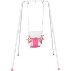 Baby Swing with Stand, Swing Set for Infant, Outdoor Indoor Swing Set with Canvas Cushion Seat (Pink)